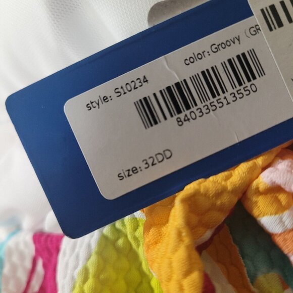 Birdsong Size 32DD Ruffle‎ Halter Underwire Tankini Swim Top Ruched Groovy Print - Picture 10 of 12